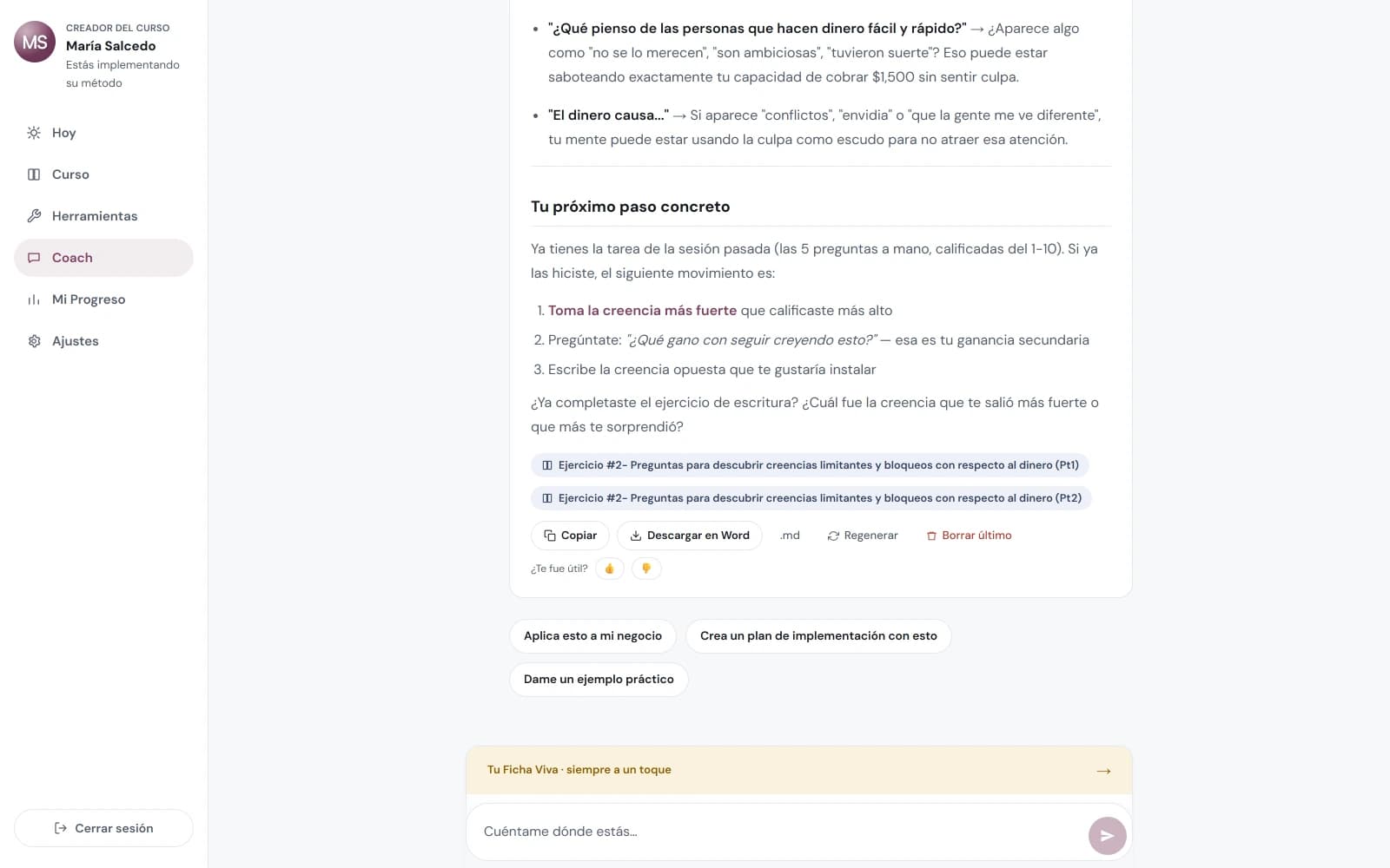 Agente IA respondiendo con el método del curso y citando la lección exacta