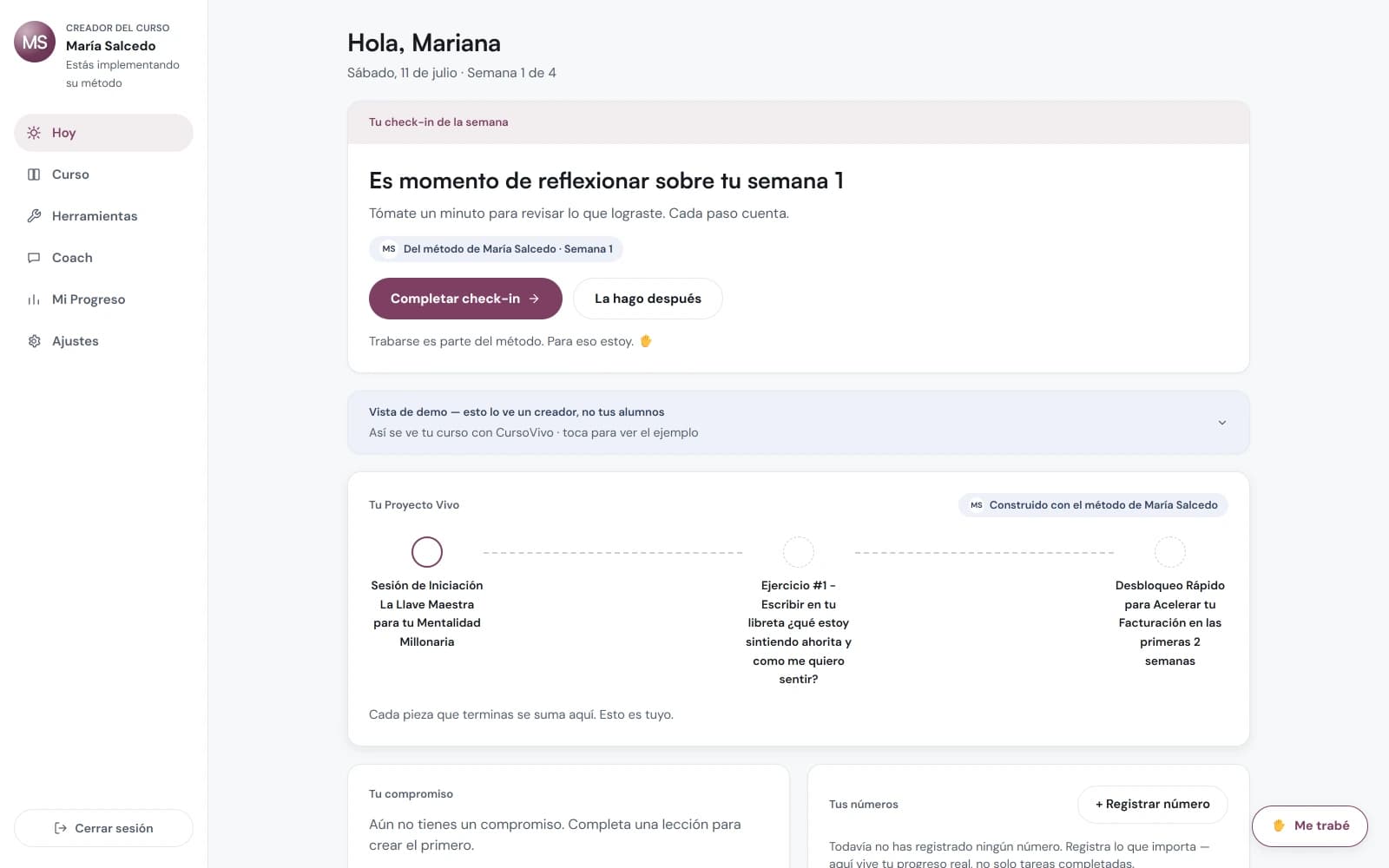 Dashboard del alumno con su misión del día y su primer resultado