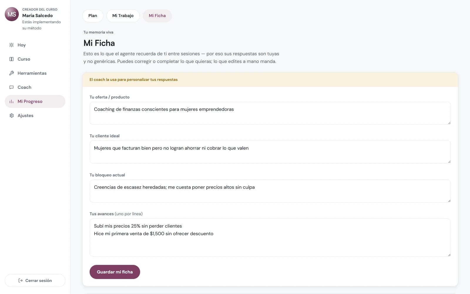 Ficha Viva: lo que el agente recuerda del alumno entre sesiones