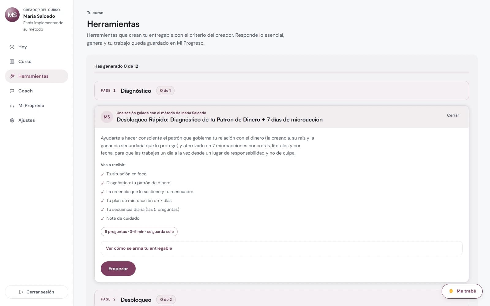 Pantalla de misión de una herramienta: qué va a recibir el alumno y cuánto le toma